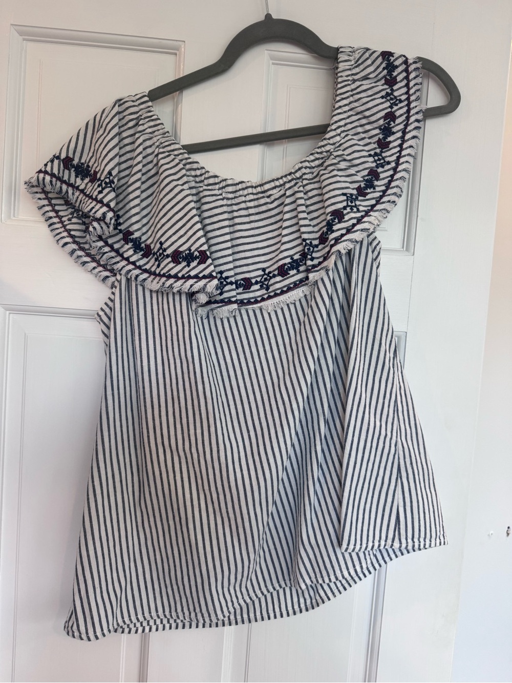 Anthropologie Navy & White Striped Off-Shoulder Blouse with Navy Embroidery sz M